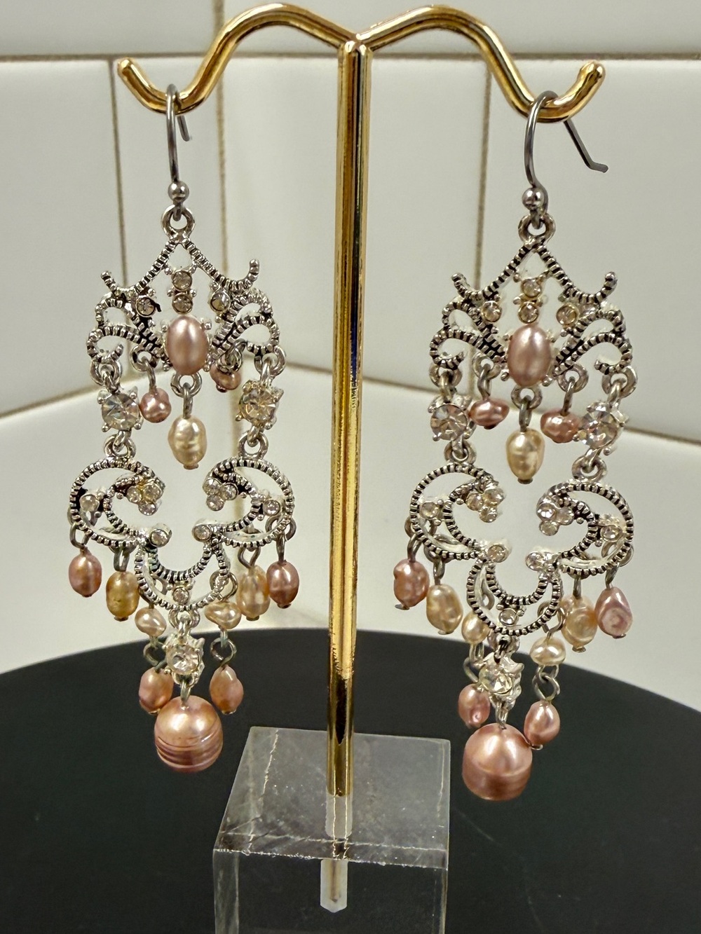 Silver Filigree Pink Pearl Chandelier Earrings